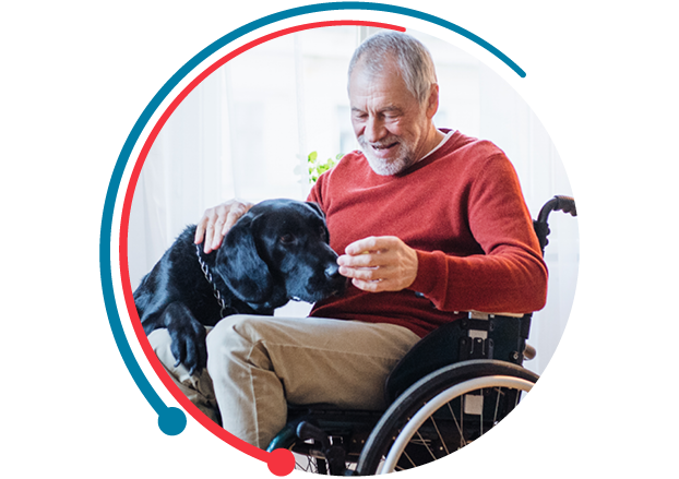 Elderly man in a wheelchair petting his dog